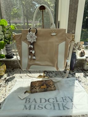 Badgley Mischka Beige & White Leather Tote with Floral Charm Accent and wallet.
